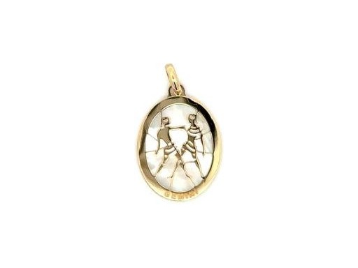 18K Yellow Gold Gemini Zodiac Pendant with Mother-of-Pearl Background
